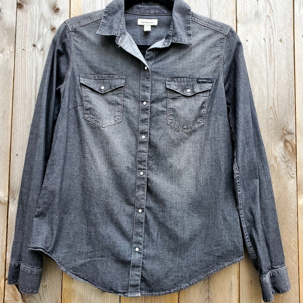 Calvin Klein Black Denim Pearl Snap Button-down Shirt